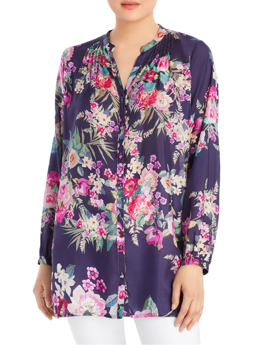 JOHNNY WAS 100% Silk Graphic Floral Blouse Shirt Mandarin Collar Boho